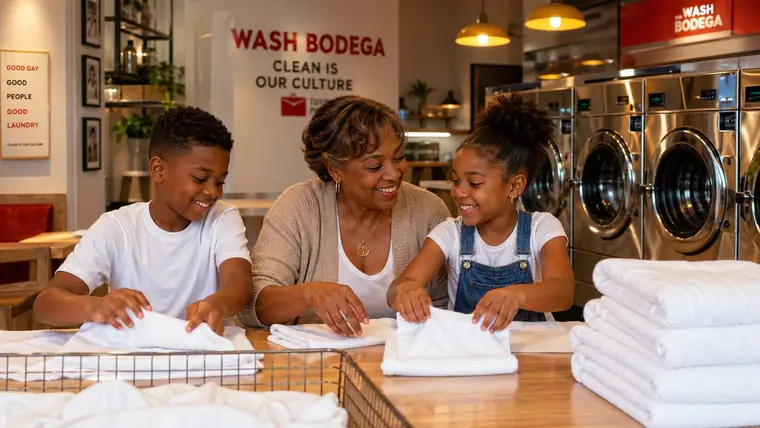 Temporary Wash Bodega brand visual showing folded laundry.